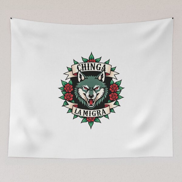 Item preview, Chinga La Migra floral Wolf - Traditional Tattoo designed and sold by The Grumpy Pet Club.