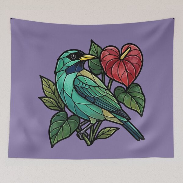 Item preview, Stained Glass Honeycreeper with Heart Anthurium designed and sold by BirdsnStuff.