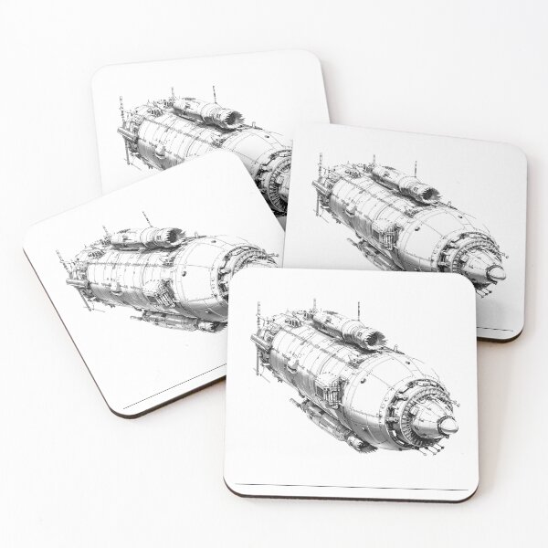 Item preview, Cylindrical Sci-Fi Spacecraft – Black and White Futuristic Ship Illustration designed and sold by inkoutninja.