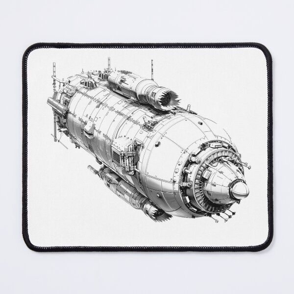Item preview, Cylindrical Sci-Fi Spacecraft – Black and White Futuristic Ship Illustration designed and sold by inkoutninja.