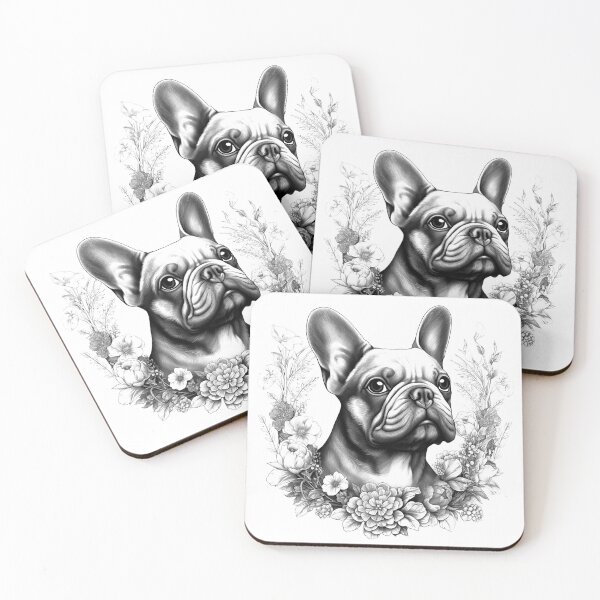 Item preview, French Bulldog with Floral Wreath – Black and White Pet Portrait Art designed and sold by inkoutninja.