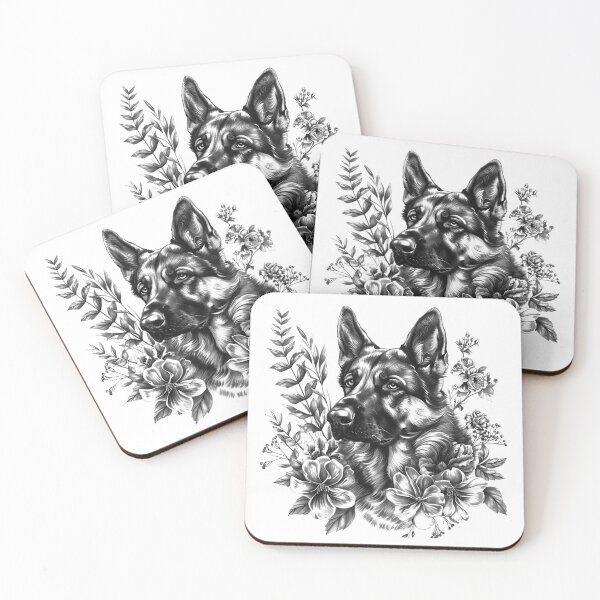 Item preview, German Shepherd with Flowers – Black and White Dog Portrait Illustration designed and sold by inkoutninja.