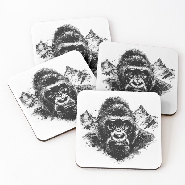Item preview, Gorilla with Mountain Background – Black and White Wildlife Illustration designed and sold by inkoutninja.