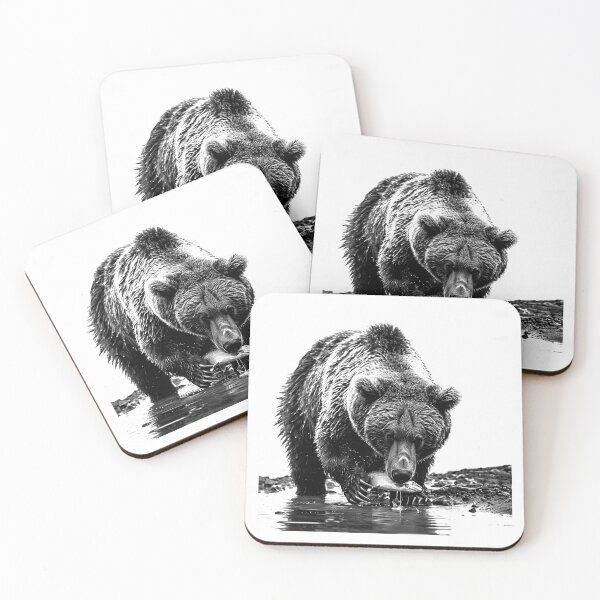 Item preview, Grizzly Bear Catching Fish – Black and White Wildlife Nature Illustration designed and sold by inkoutninja.