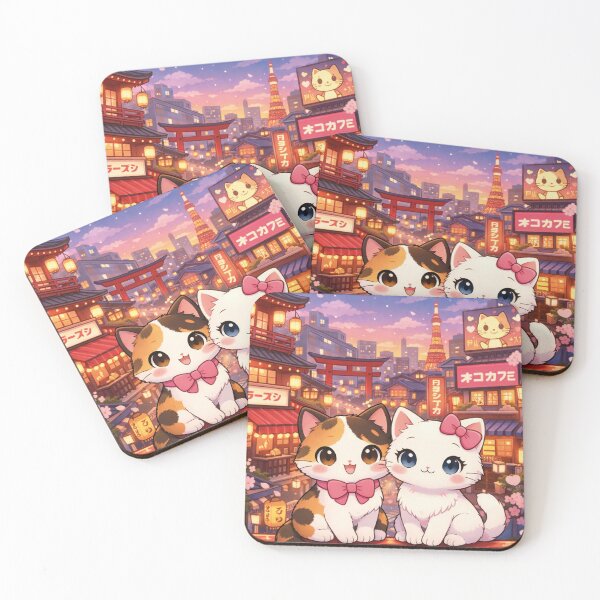 Item preview, Kawaii cat duo in Tokyo at night designed and sold by Mauswohn.