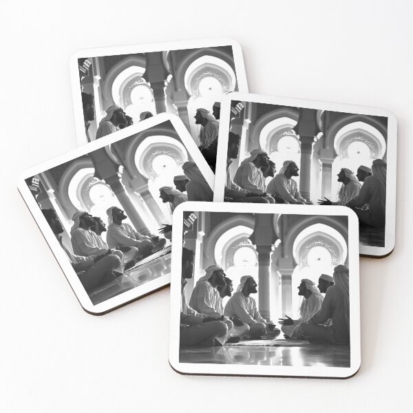 Item preview, Faithful Dialogue in Mosque – Black and White Cultural Photography Art designed and sold by inkoutninja.