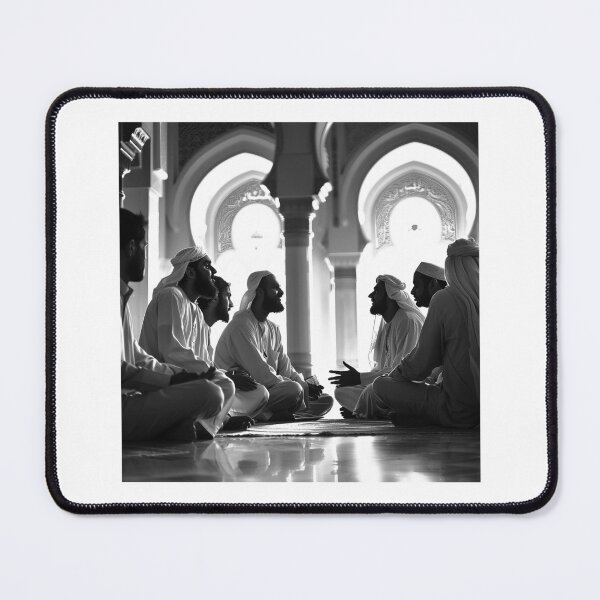 Item preview, Faithful Dialogue in Mosque – Black and White Cultural Photography Art designed and sold by inkoutninja.