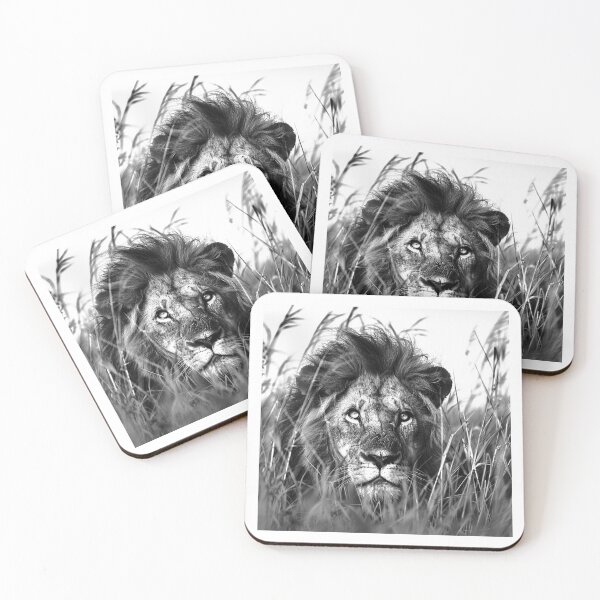 Item preview, Lion in Tall Grass – Black and White Intense Wildlife Portrait designed and sold by inkoutninja.