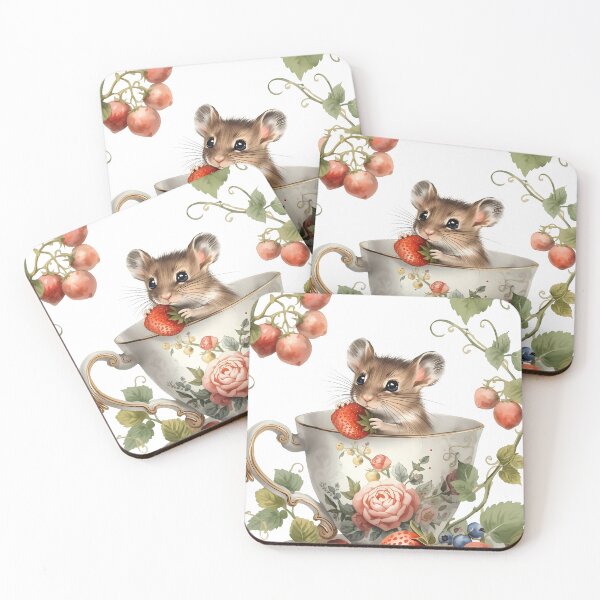 Item preview, Cute Mouse In Teacup Strawberry Cottagecore Watercolor Nursery Art designed and sold by LoliDesignShop.