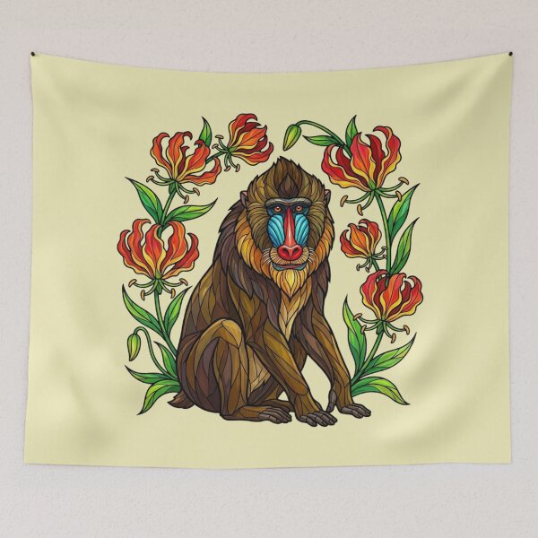 Item preview, Stained Glass Mandrill Surrounded by Flame Lilies designed and sold by BirdsnStuff.