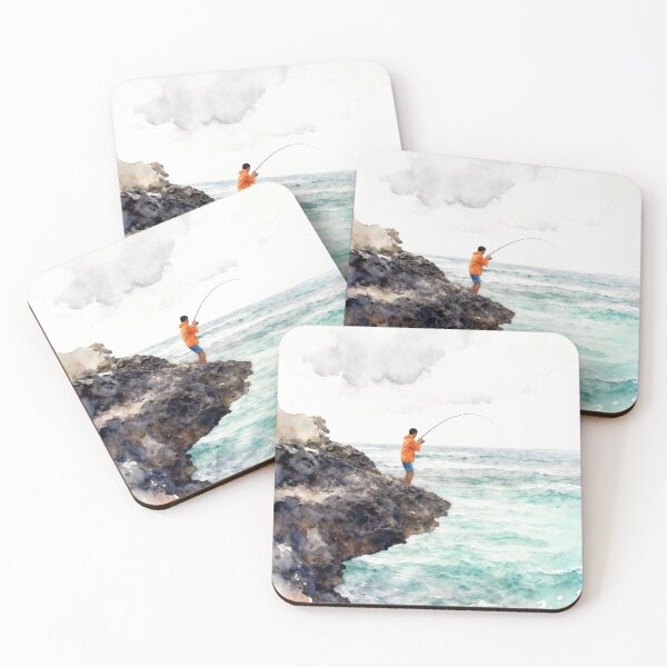Item preview, Watercolor Cliffside Ocean Fishing Angler designed and sold by EimSol.