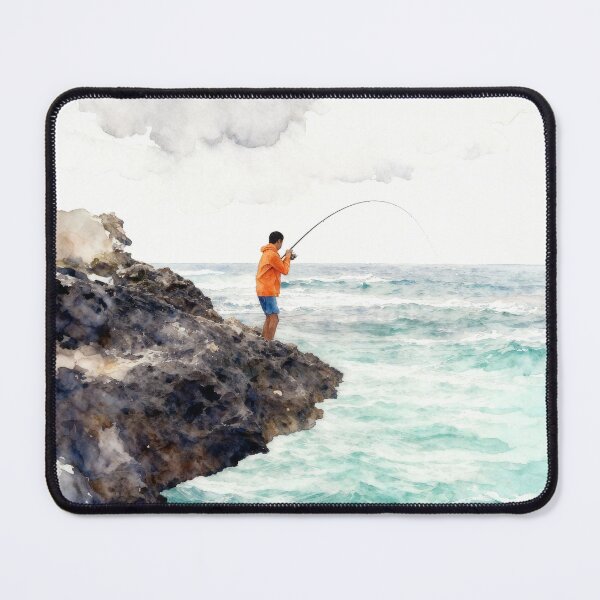 Item preview, Watercolor Cliffside Ocean Fishing Angler designed and sold by EimSol.