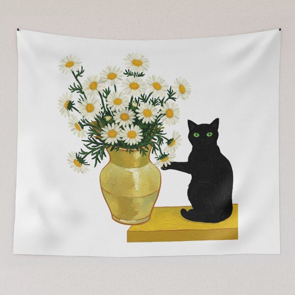 Item preview, Black Cat Vase Daisies Floral Art Illustration designed and sold by JEFDodsonArt.