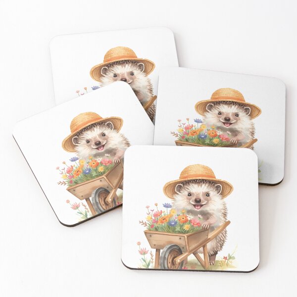 Item preview, Gardener Hedgehog With Flower Wheelbarrow Watercolor designed and sold by LoliDesignShop.