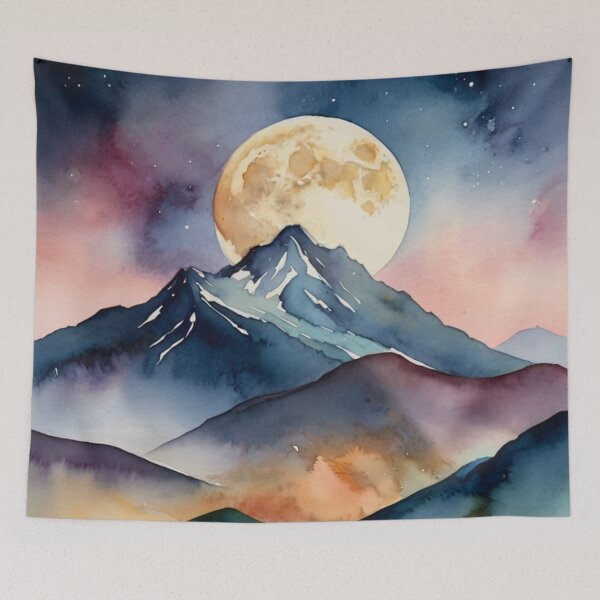 Item preview, Mountains with Moon Glow Watercolor – Calm Alpine Night Wall Art designed and sold by sana designer.