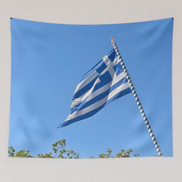 Item preview, Greek Flag Waving Against Clear Blue Sky designed and sold by MatthewHeights.