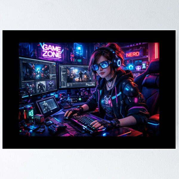 Item preview, Cyberpunk Gamer Girl Neon Gaming Setup designed and sold by rolfzogg.