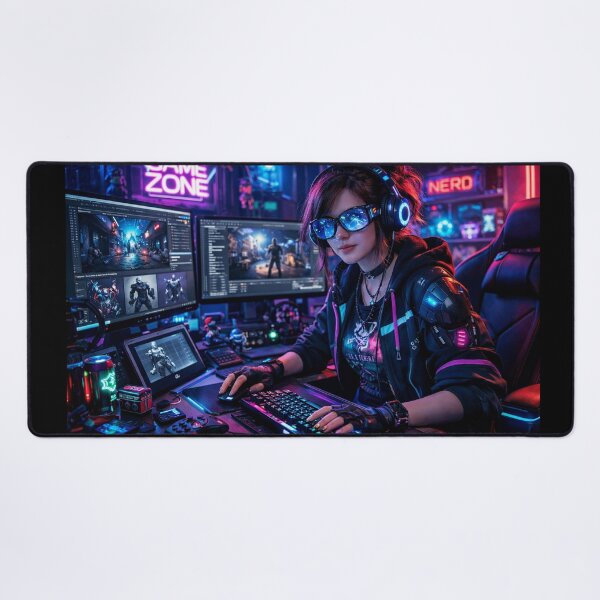 Item preview, Cyberpunk Gamer Girl Neon Gaming Setup designed and sold by rolfzogg.