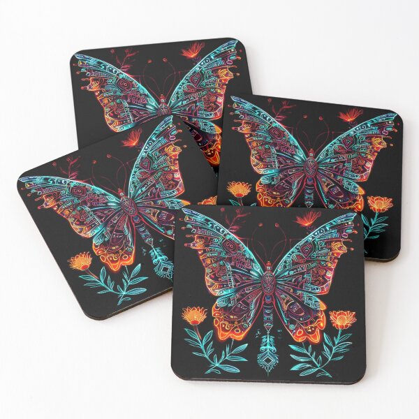 Item preview, Neon Cyberpunk Butterfly in Orange and Red with Futuristic Flowers designed and sold by Naturalite19.