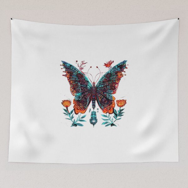 Item preview, Neon Cyberpunk Butterfly in Orange and Red with Futuristic Flowers designed and sold by Naturalite19.