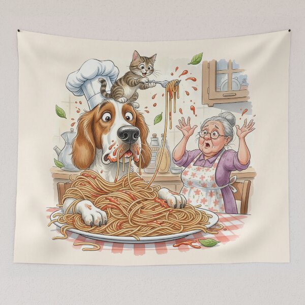 Item preview, Spaghetti Disaster – Funny Dog Cat Kitchen Illustration designed and sold by Y-MOONSTAR.