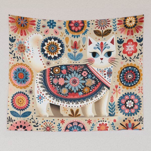 Item preview, Cute Cat Wearing a Folk Art Coat - Scandinavian Folk Art by heidiannemorris © designed and sold by FOLK ART FUSION by heidiannemorris.