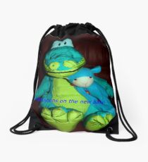 Dino and cat congratulate you on the new baby Drawstring Bag