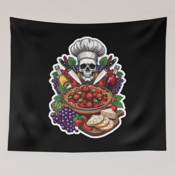 Item preview, Italian Chef Skull Spaghetti Meatballs and Wine Art designed and sold by Bone & Blade.