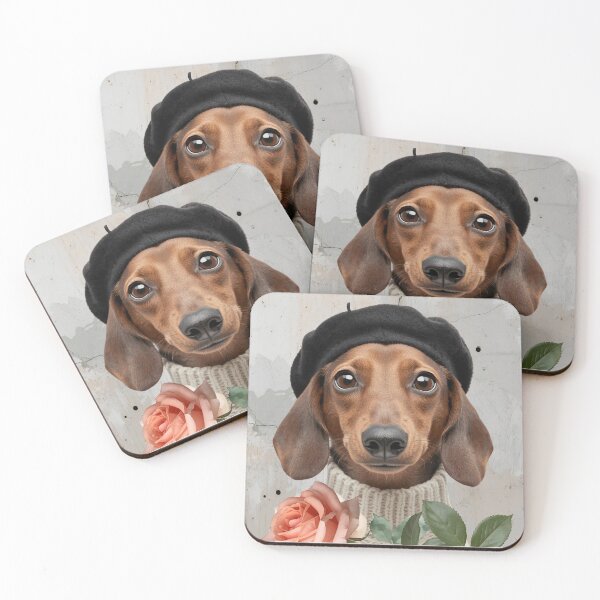 Item preview, Sausage dog wearing a black beret and pullover designed and sold by FlowerFolie.