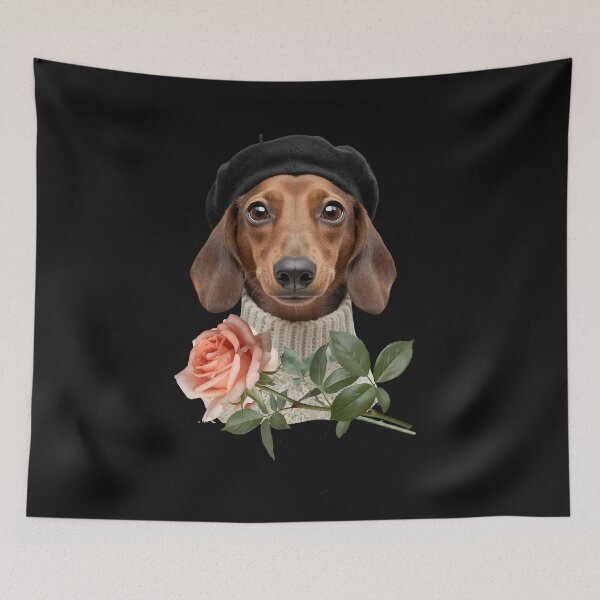 Item preview, Sausage dog wearing a black beret and pullover designed and sold by FlowerFolie.