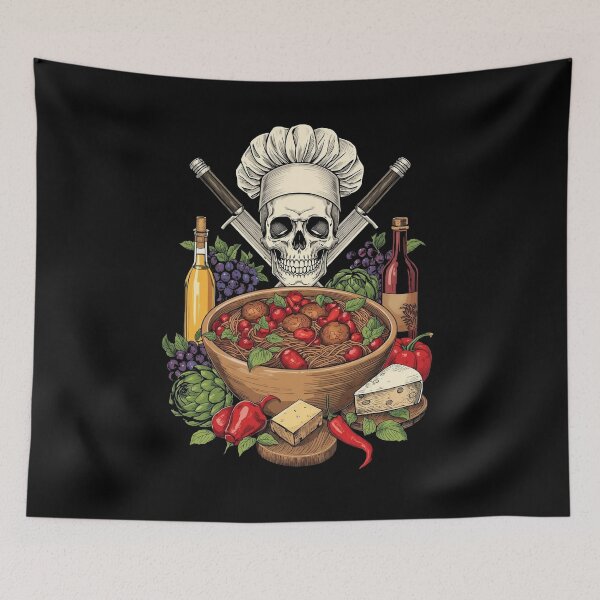 Item preview, Italian Chef Skull Spaghetti Meatballs and Wine Art designed and sold by Bone & Blade.