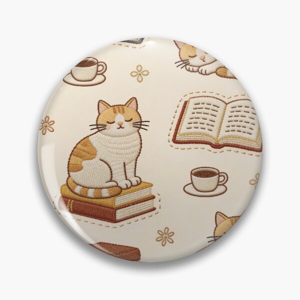 Item preview, Embroidery Effect Books & Cats Seamless Pattern - Faux Stitch stitching Bookworm & Ginger Cat Fabric Design designed and sold by HappySproutArt.