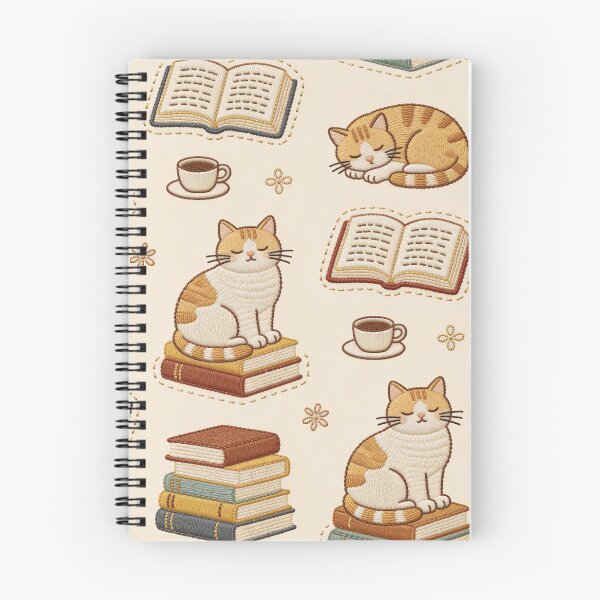 Item preview, Embroidery Effect Books & Cats Seamless Pattern - Faux Stitch stitching Bookworm & Ginger Cat Fabric Design designed and sold by HappySproutArt.