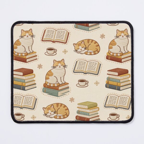 Item preview, Embroidery Effect Books & Cats Seamless Pattern - Faux Stitch stitching Bookworm & Ginger Cat Fabric Design designed and sold by HappySproutArt.