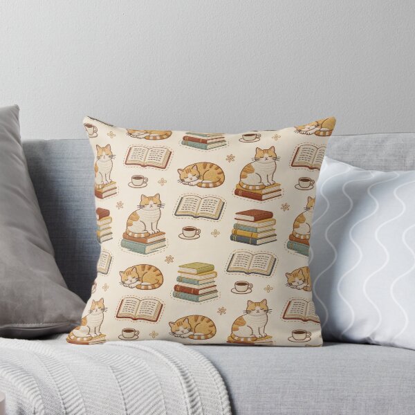 Item preview, Embroidery Effect Books & Cats Seamless Pattern - Faux Stitch stitching Bookworm & Ginger Cat Fabric Design designed and sold by HappySproutArt.