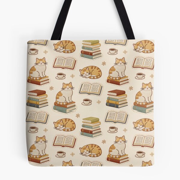 Item preview, Embroidery Effect Books & Cats Seamless Pattern - Faux Stitch stitching Bookworm & Ginger Cat Fabric Design designed and sold by HappySproutArt.
