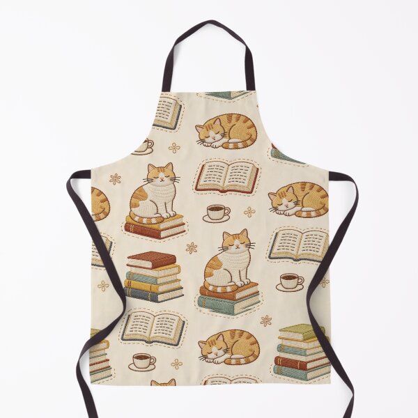 Item preview, Embroidery Effect Books & Cats Seamless Pattern - Faux Stitch stitching Bookworm & Ginger Cat Fabric Design designed and sold by HappySproutArt.