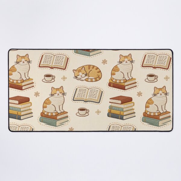 Item preview, Embroidery Effect Books & Cats Seamless Pattern - Faux Stitch stitching Bookworm & Ginger Cat Fabric Design designed and sold by HappySproutArt.