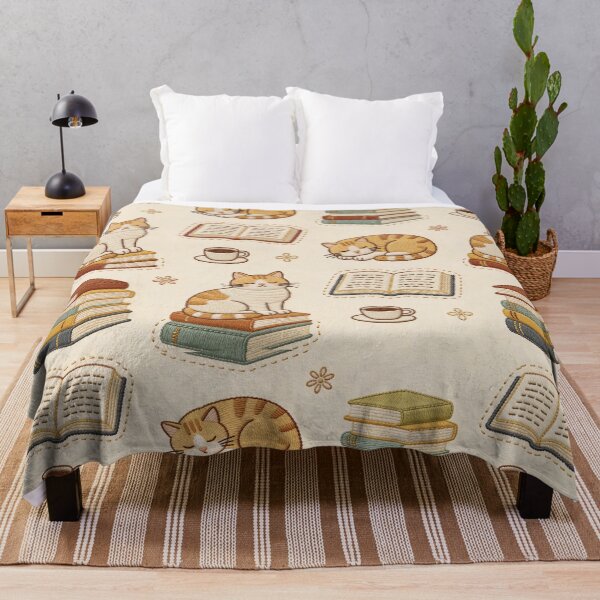 Item preview, Embroidery Effect Books & Cats Seamless Pattern - Faux Stitch stitching Bookworm & Ginger Cat Fabric Design designed and sold by HappySproutArt.