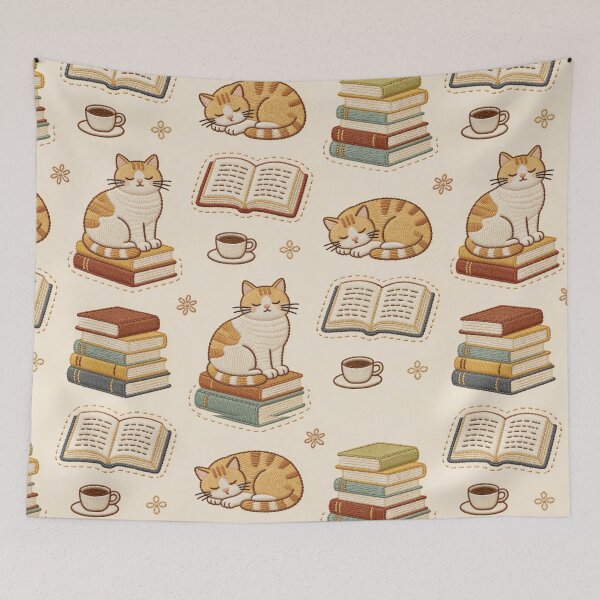 Item preview, Embroidery Effect Books & Cats Seamless Pattern - Faux Stitch stitching Bookworm & Ginger Cat Fabric Design designed and sold by HappySproutArt.