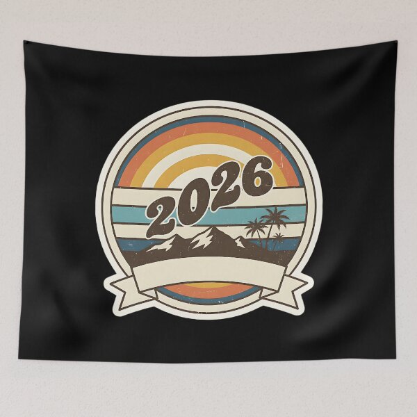 Item preview, Vintage 2026 Retro Tropical Mountain Badge designed and sold by Silent Watch Threads..