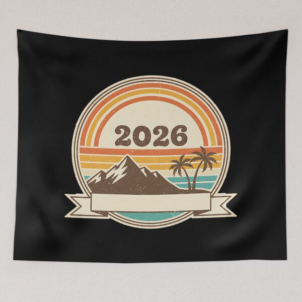 Item preview, Vintage 2026 Retro Tropical Mountain Badge designed and sold by Silent Watch Threads..