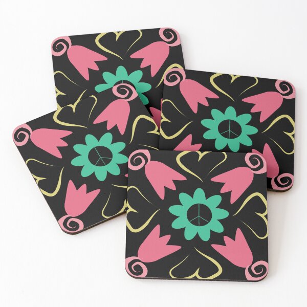 Item preview, Black Multi 3 Peace Flowers Tulips Hearts in Square Orientation designed and sold by Digitalmyth's Designs.