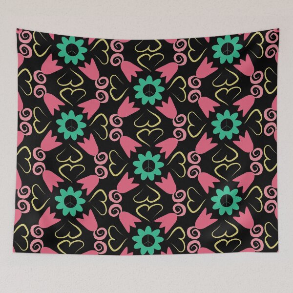 Item preview, Black Multi 3 Peace Flowers Tulips Hearts in Square Orientation designed and sold by Digitalmyth's Designs.