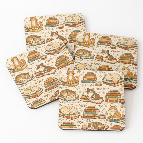Item preview, Cat & Books Illustration - Faux Stitch Library Aesthetic - Cozy Reading Nook Art designed and sold by HappySproutArt.