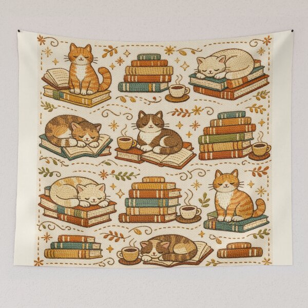 Item preview, Cat & Books Illustration - Faux Stitch Library Aesthetic - Cozy Reading Nook Art designed and sold by HappySproutArt.