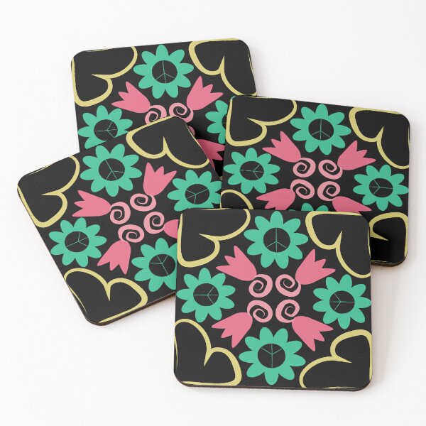 Item preview, Black Multi 3 Peace Flowers Tulips Hearts in Diamond Orientation designed and sold by Digitalmyth's Designs.