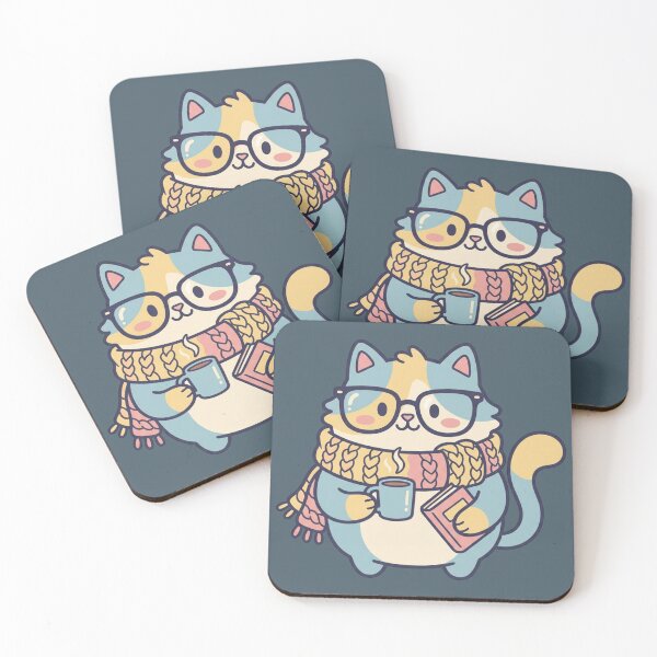 Item preview, Cozy Academic Cat Sticker - Cute Bibliophile Kitty with Coffee and Scarf Print designed and sold by HappySproutArt.