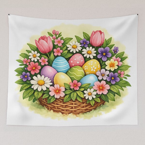 Item preview, Easter Spring Basket Oil Painting with Eggs & Flowers designed and sold by FunFitLife Studio.