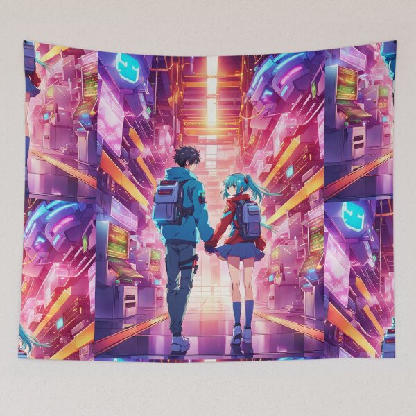 Item preview, Cyberpunk couple in a futuristic city designed and sold by ArtsJulian.